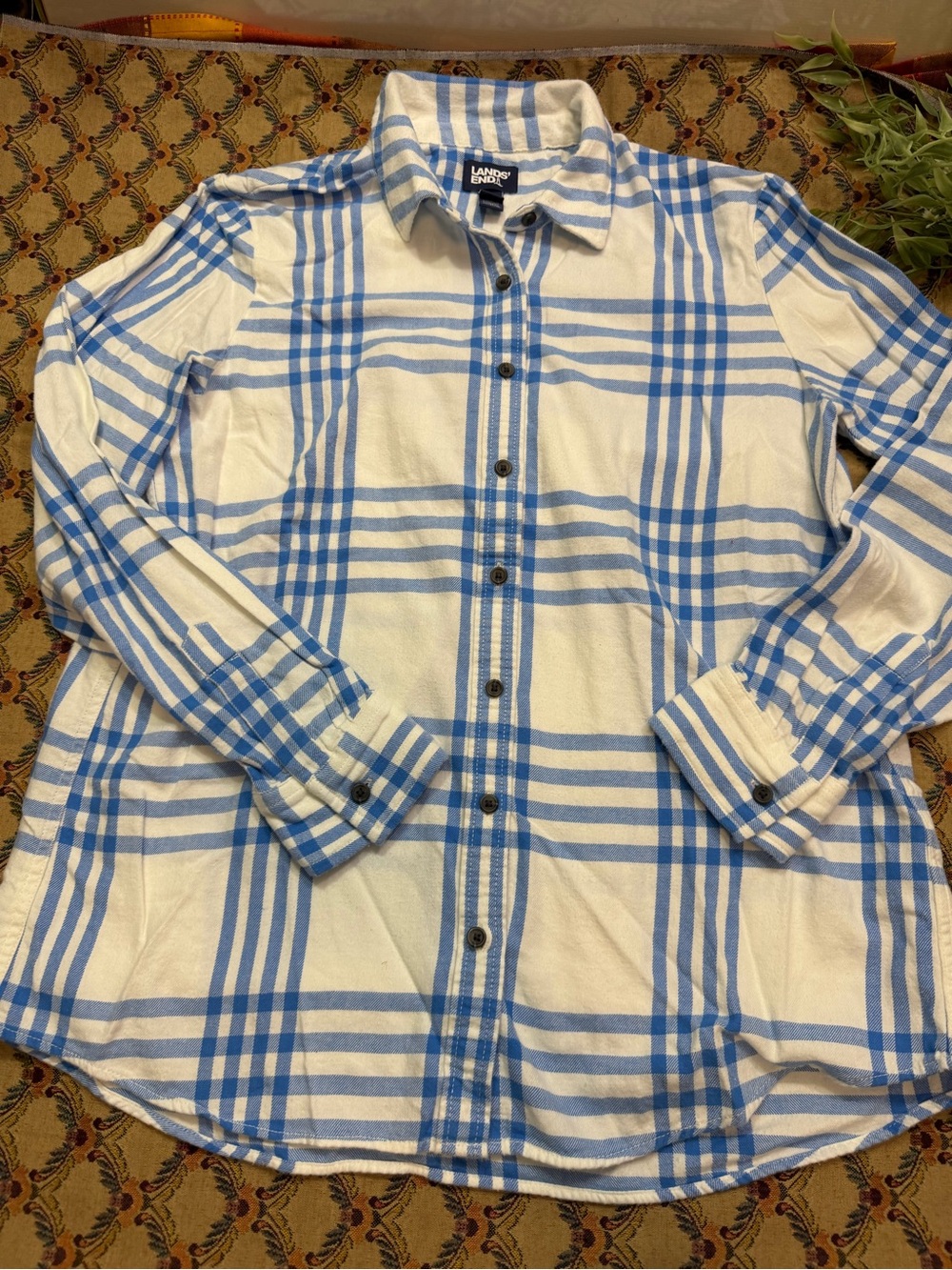 Lands' End White Shirt with Blue Plaid Button-Down
